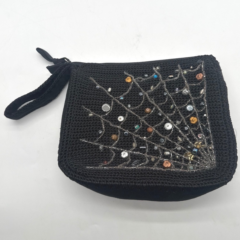 Liz Claiborne Black Crochet Beaded Spider Web Wristlet Bag Halloween Goth Pouch